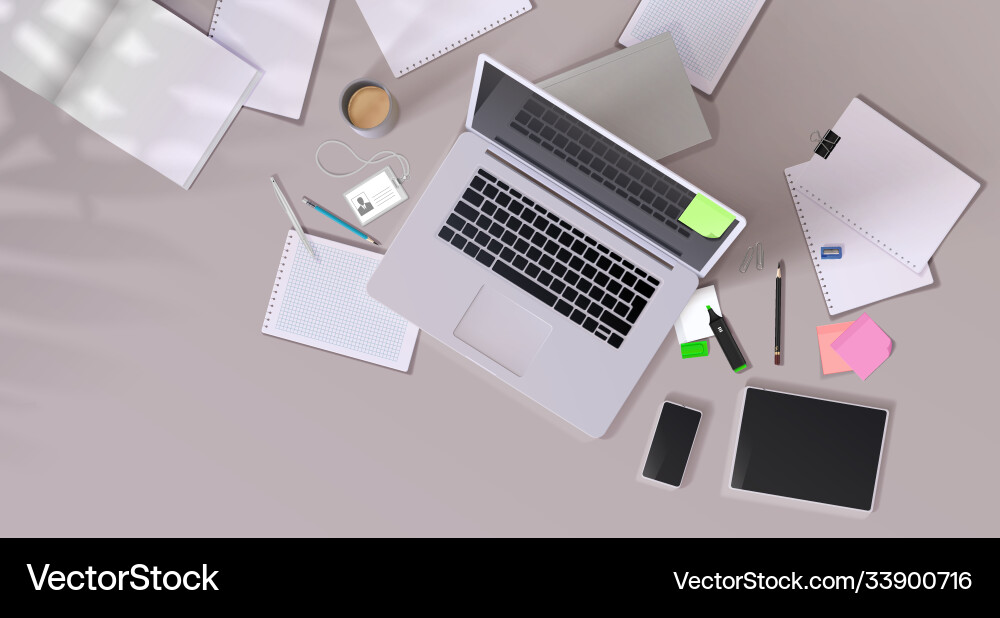 Office desk realistic mockup with modern devices vector image