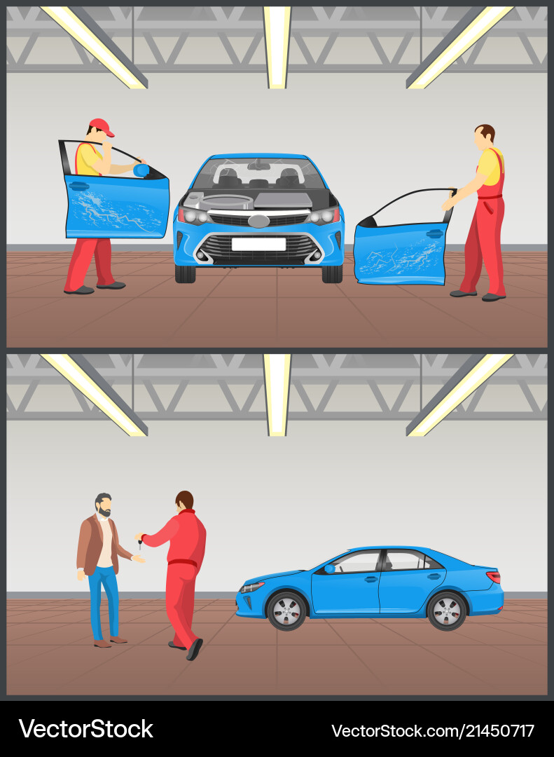 Auto before and after servicing in car workshop Vector Image