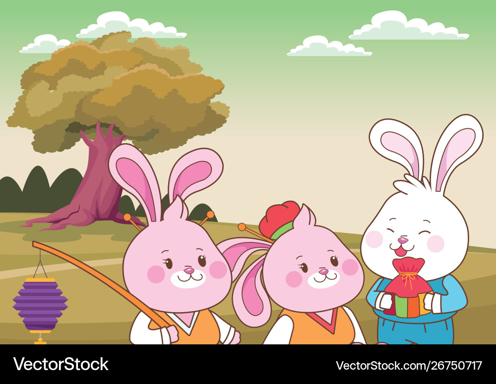 Rabbits celebrating mid autumn festival cartoons Rabbits celebrating mid autumn festival cartoons vector image