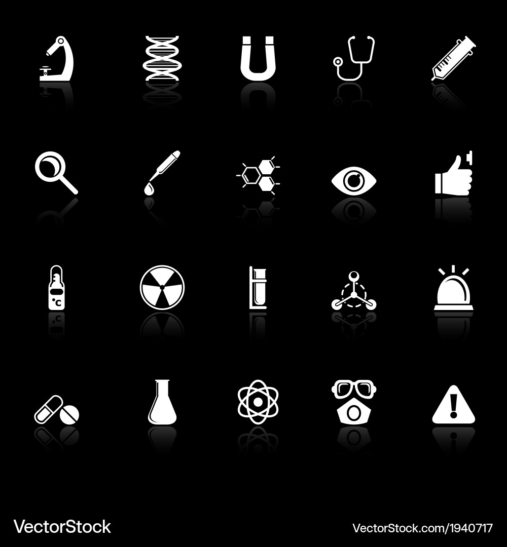 Wissenschaft Icons mit reflektieren auf schwarzem Hintergrund Vektorbild