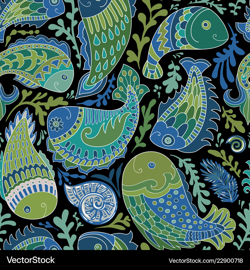 Hand gezogenes nahtloses Muster mit paisley Fisch Hand gezogenes nahtloses Muster mit paisley Fisch vektorbild