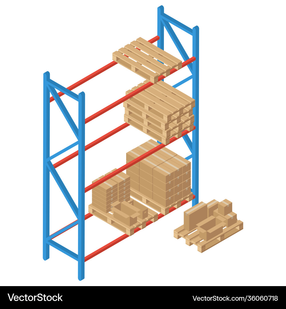 Isometric racks with pallet and box Isometric racks with pallet and box Vector Image