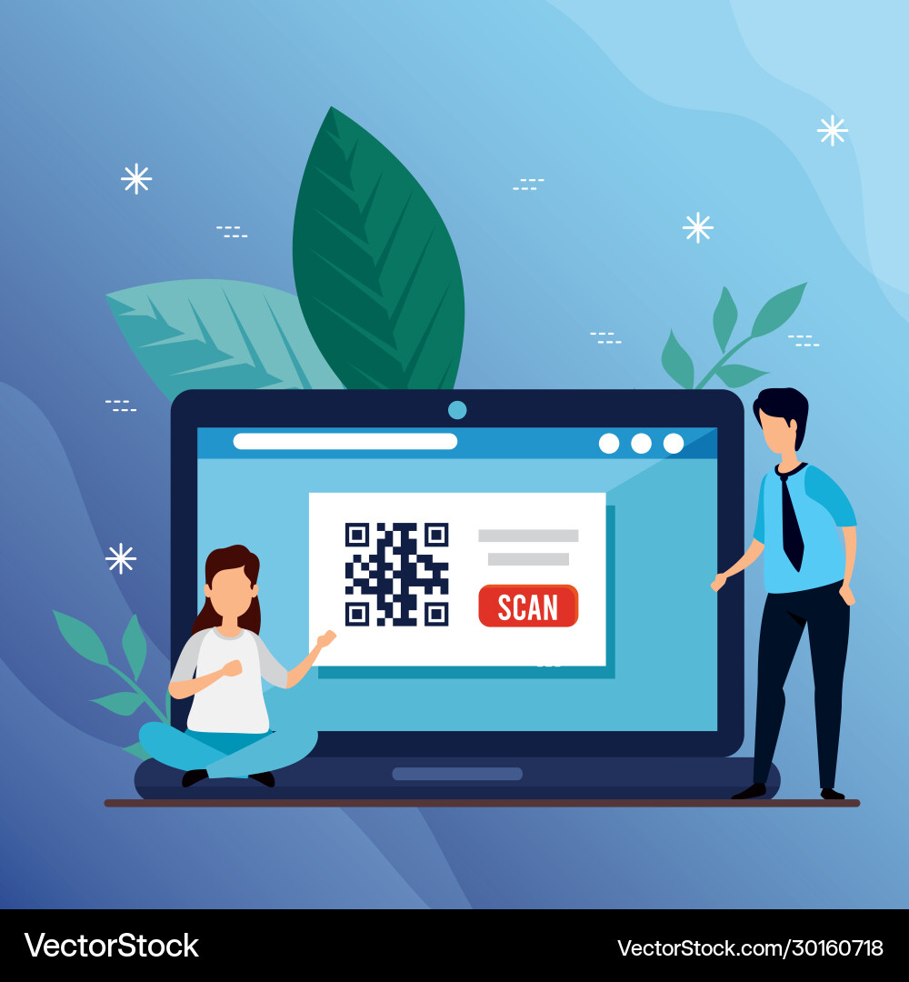 Scan code qr in laptop with man and icons Vector Image