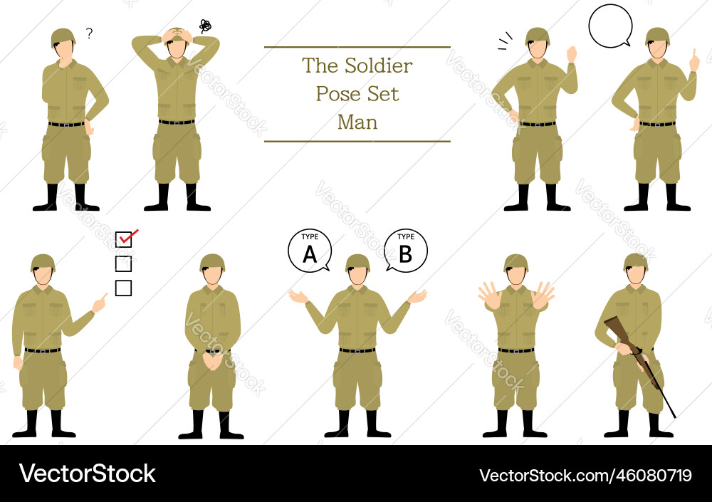 Male soldier pose set questioning worrying Male soldier pose set questioning worrying vector image