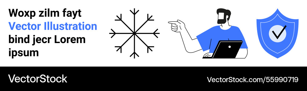 Man with laptop pointing near shield and snowflake vector image