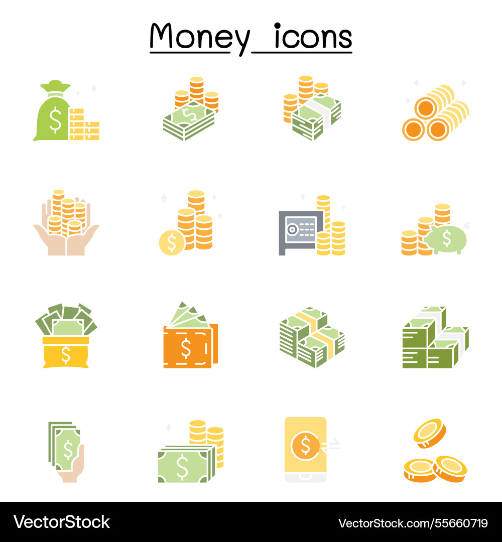 Money cash currency and coin set in flat color Money cash currency and coin set in flat color vector image