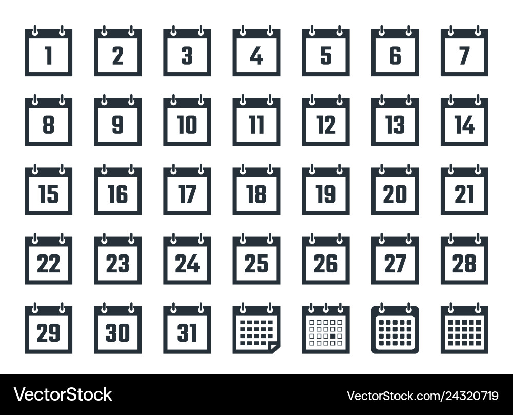 Set of calendar icons with dates from 1 to 31 Set of calendar icons with dates from 1 to 31 Vector Image