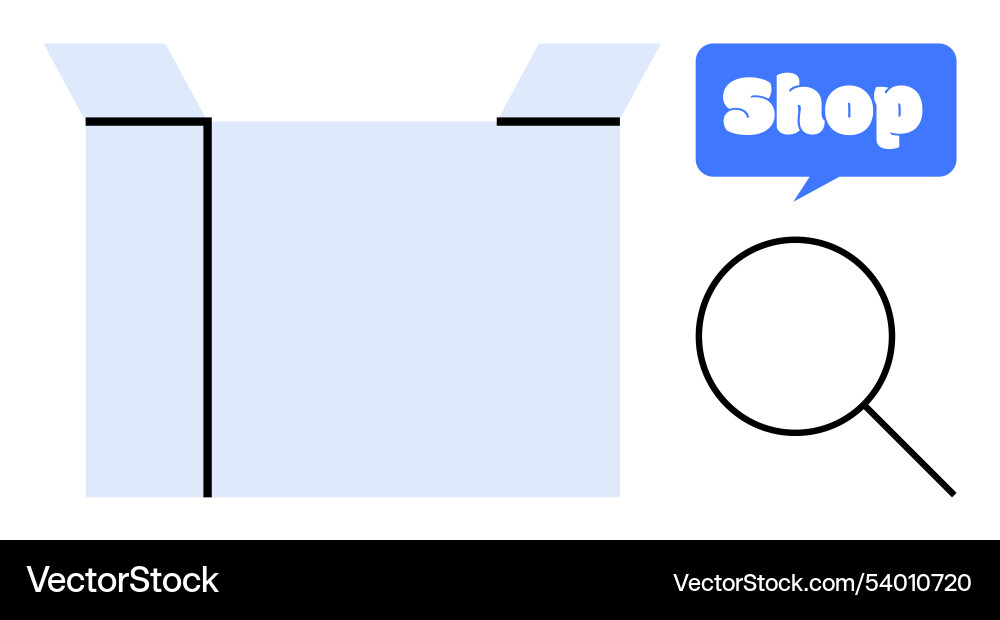 Open box with search icon and shop text in speech Open box with search icon and shop text in speech vector image