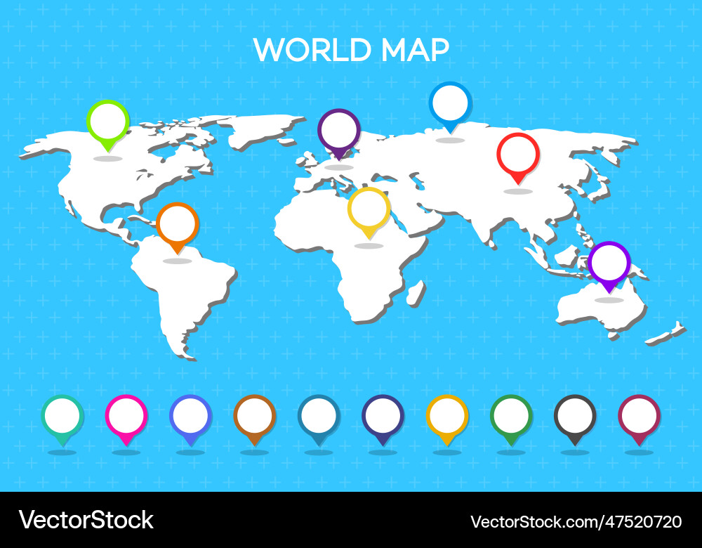 World map with pointer isolated on blue background vector image