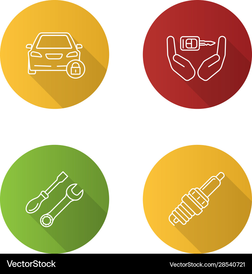 Auto workshop flat linear long shadow icons set Auto workshop flat linear long shadow icons set vector image