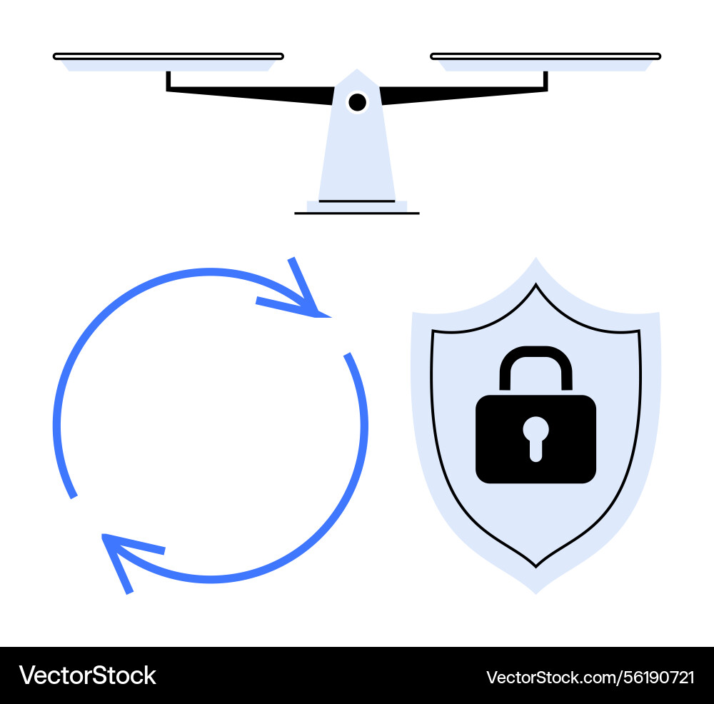 Balance scale cycle arrow and shield with lock Balance scale cycle arrow and shield with lock Vector Image