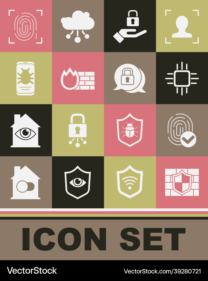 Set shield with brick wall fingerprint processor Vector Image