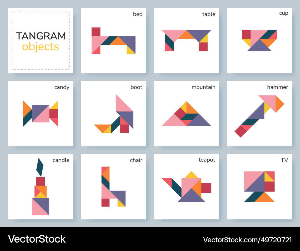Tangram puzzle set with various objects Tangram puzzle set with various objects vector image