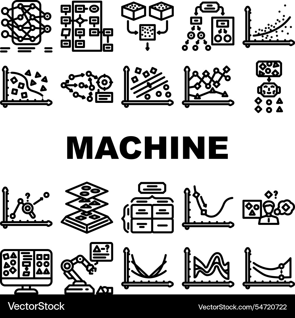 Machine learning algorithm model icons set Machine learning algorithm model icons set vector image