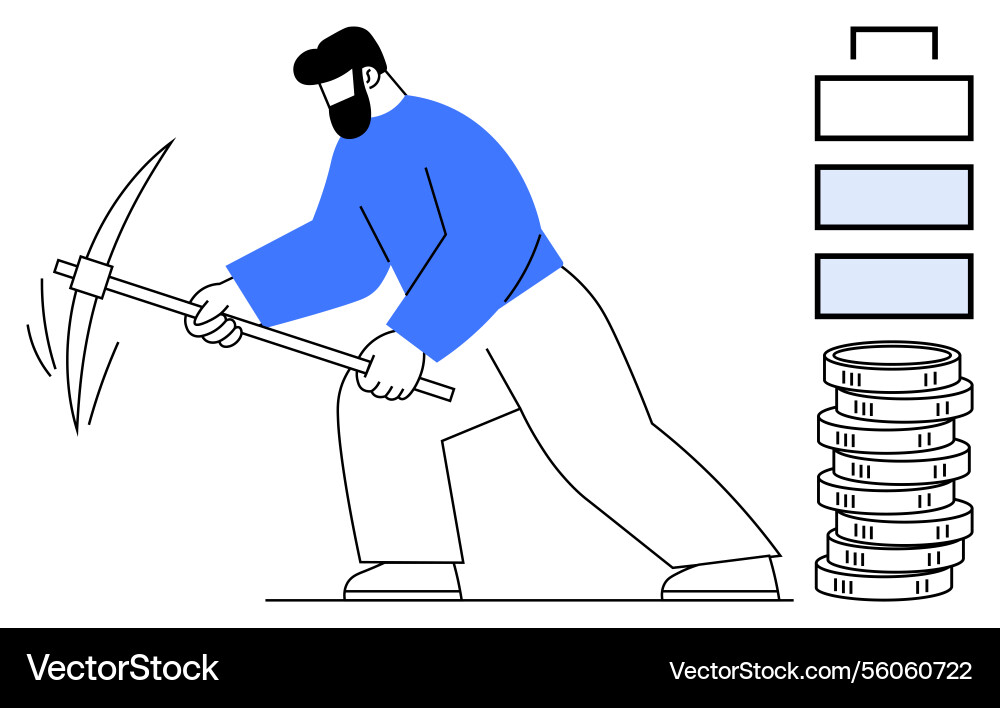 Man mining cryptocurrency with pickaxe coin stack Man mining cryptocurrency with pickaxe coin stack vector image