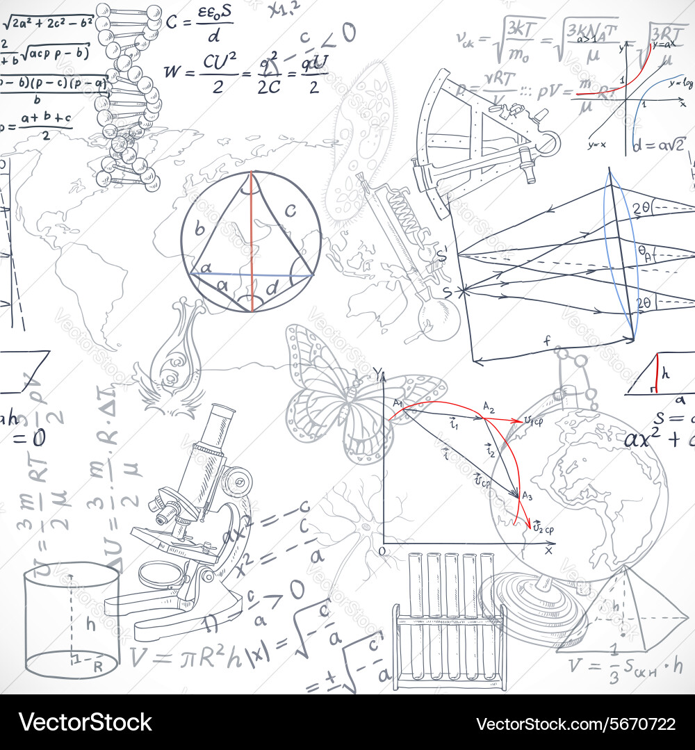 Seamless pattern of the formulas and doodles vector image