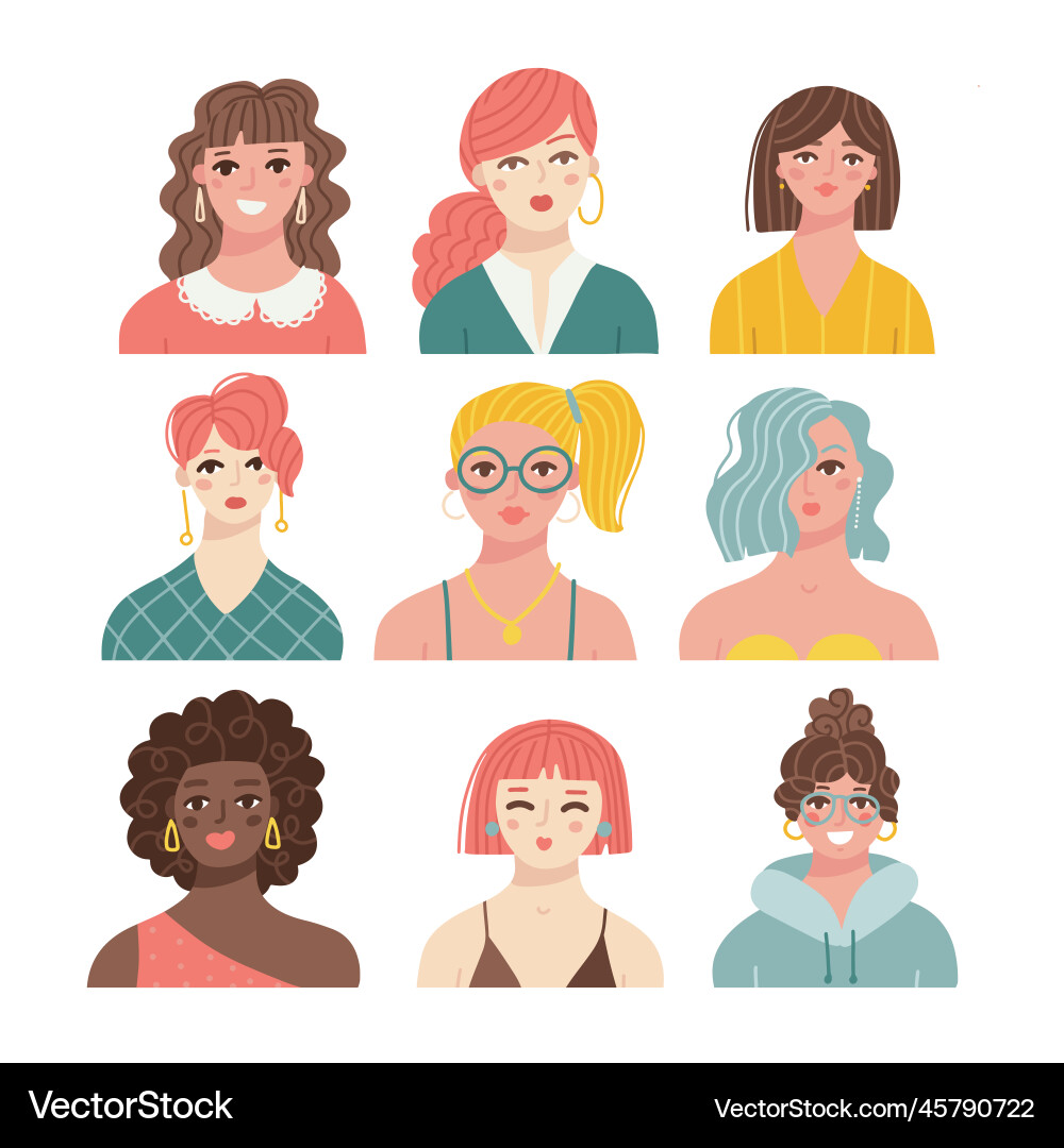 Weomen head portraits set diverse female faces Weomen head portraits set diverse female faces vector image