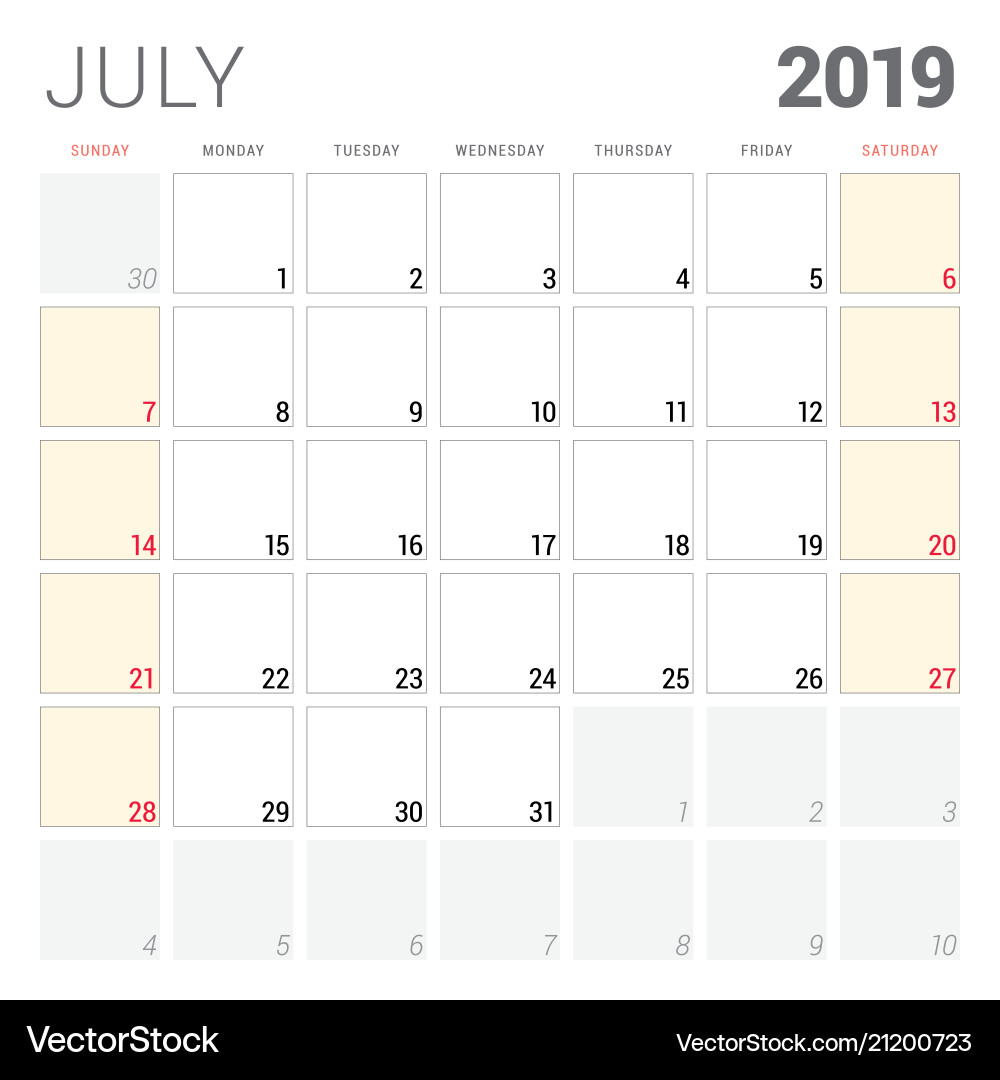 Calendar planner for july 2019 week starts Vector Image