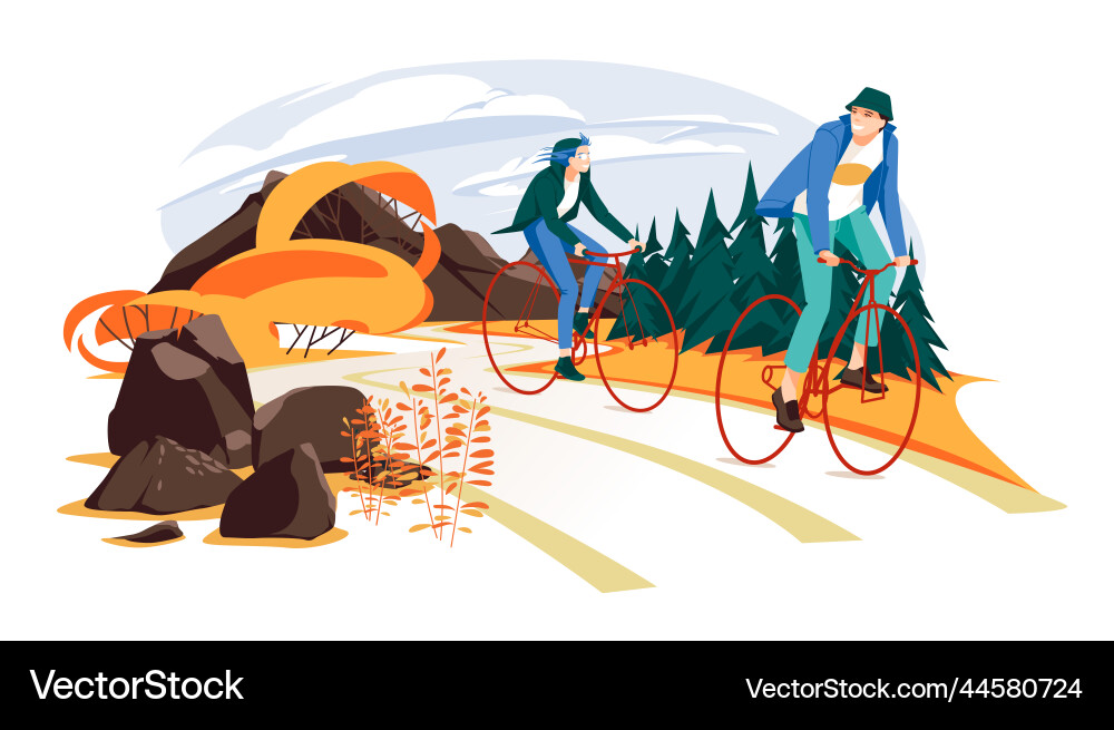 A couple is cycling along rural road autumn A couple is cycling along rural road autumn vector image