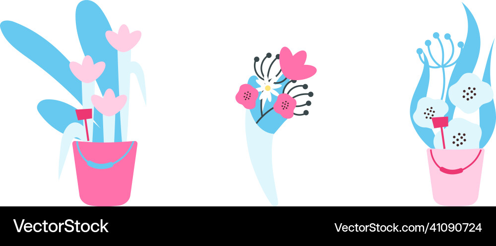 Flowers in vases flat color objects set vector image