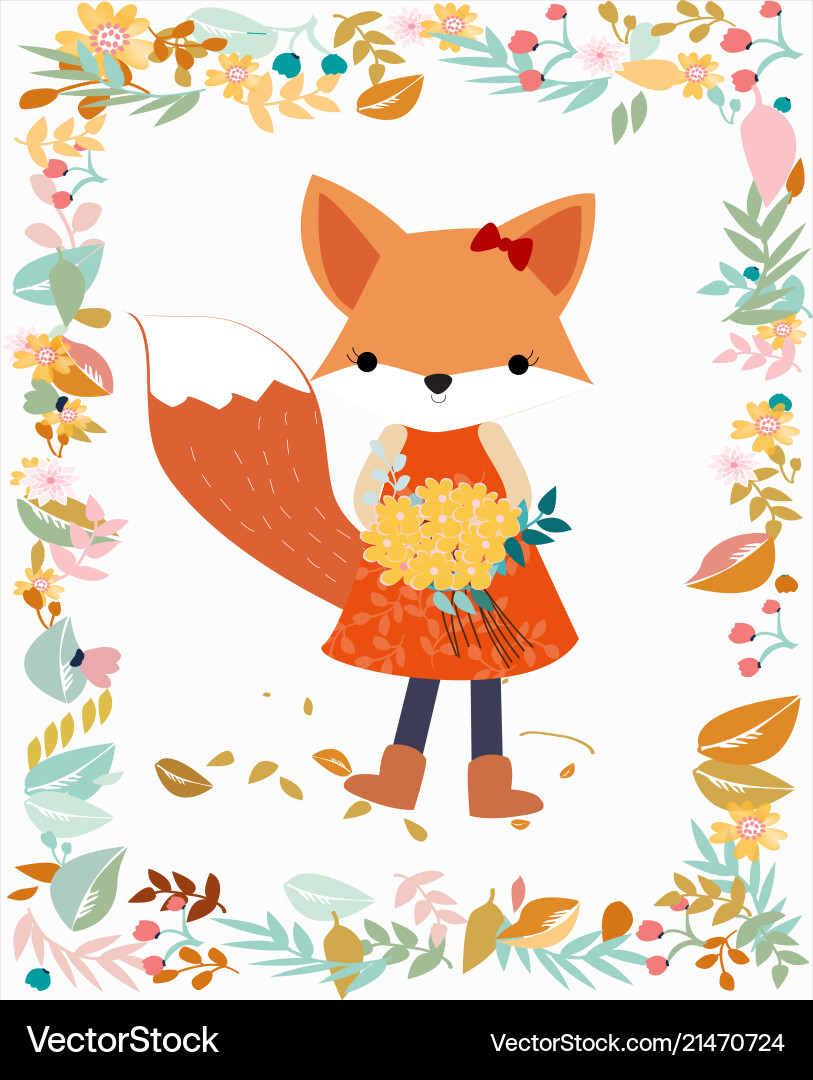 Fox girl in pastel flower and leave frame border Fox girl in pastel flower and leave frame border vector image