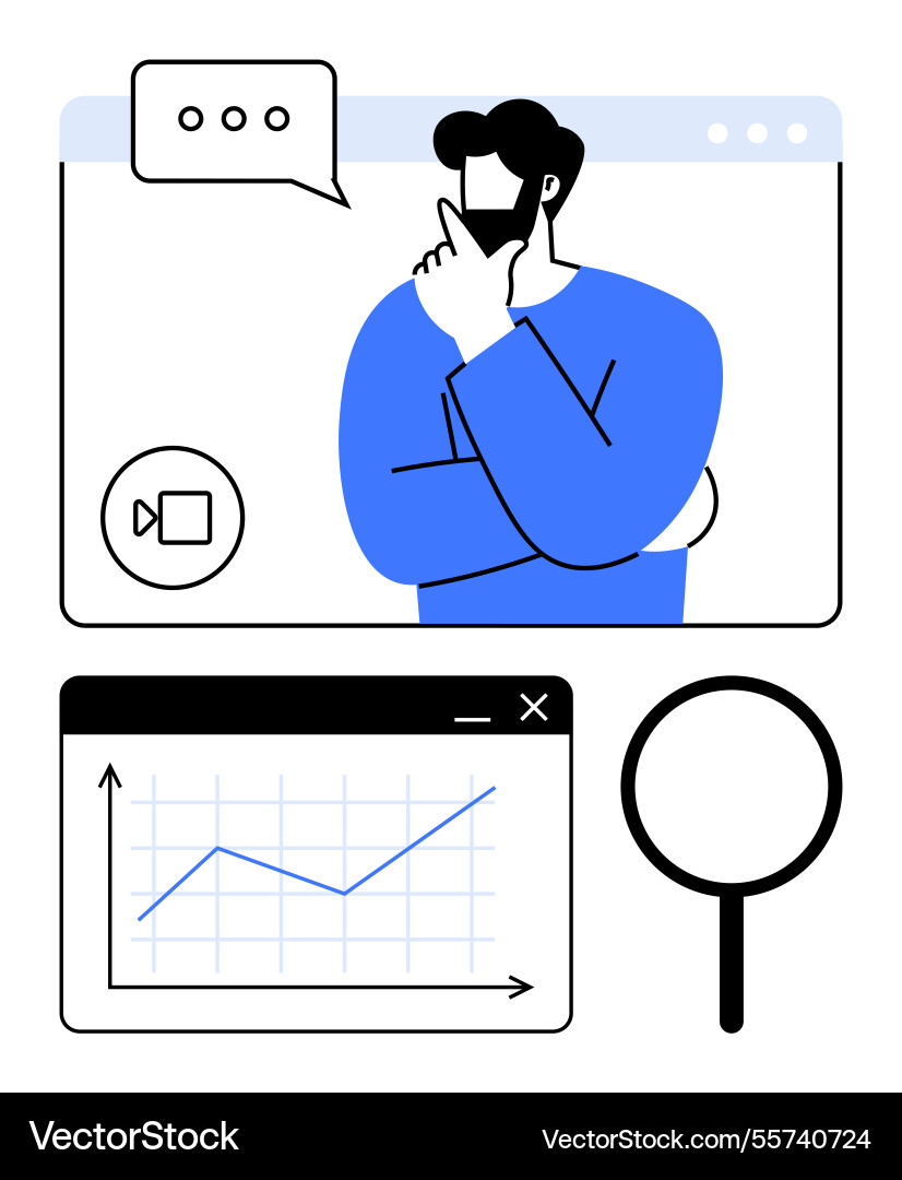 Man thinking during virtual meeting with graph Man thinking during virtual meeting with graph vector image