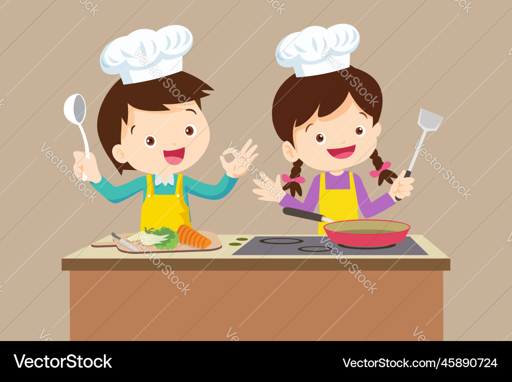 Süßer Junge und Mädchen Kochen in der Küche glücklich Süßer Junge und Mädchen Kochen in der Küche glücklich vektorbild