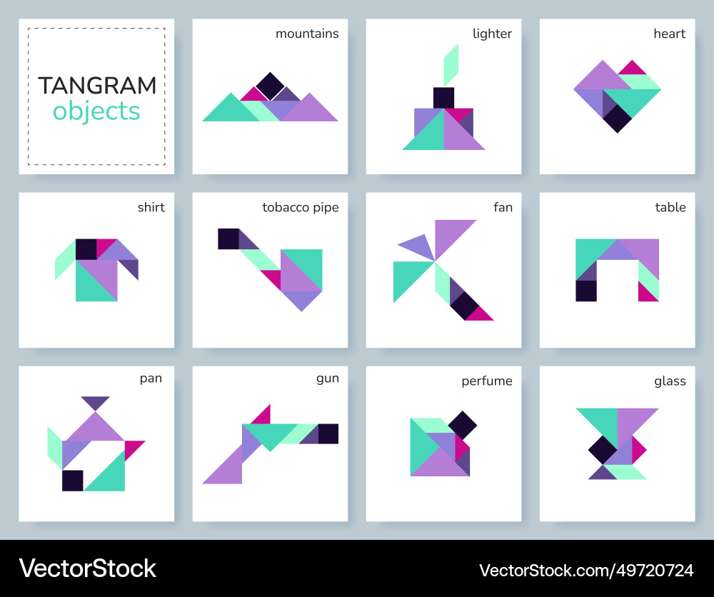 Tangram puzzle set with various objects Tangram puzzle set with various objects vector image