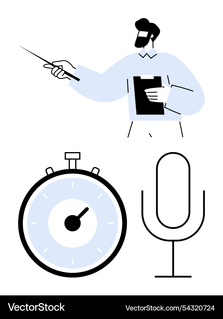 Teacher with pointer stopwatch and microphone Teacher with pointer stopwatch and microphone Vector Image