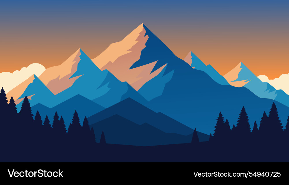Mountain range with trees below and clouds Mountain range with trees below and clouds Vector Image