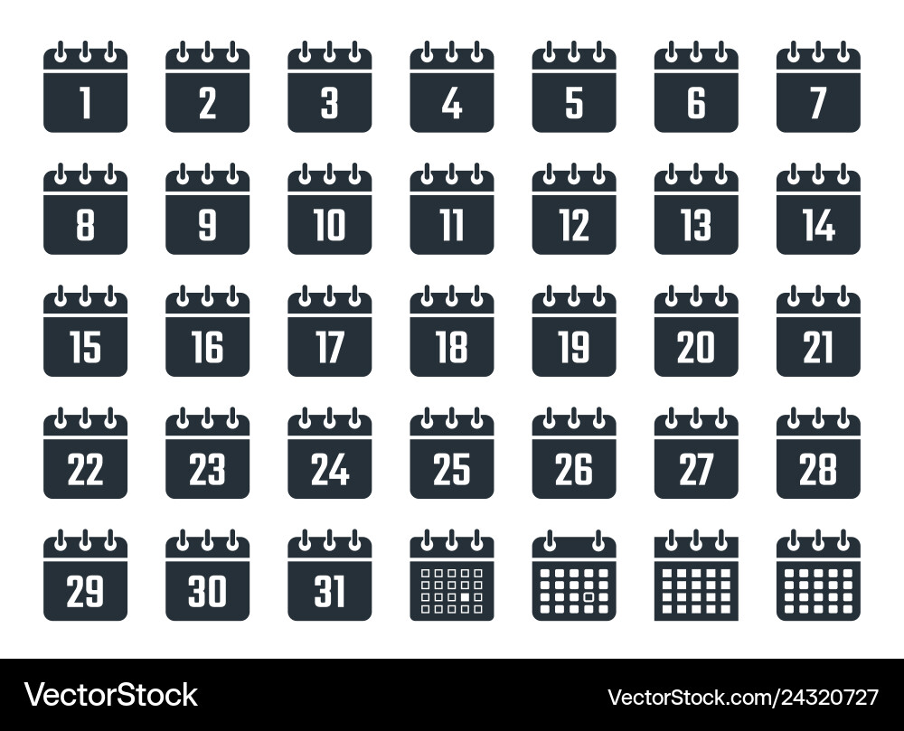Calendar Date Icons - 1 to 31 Vector Image
