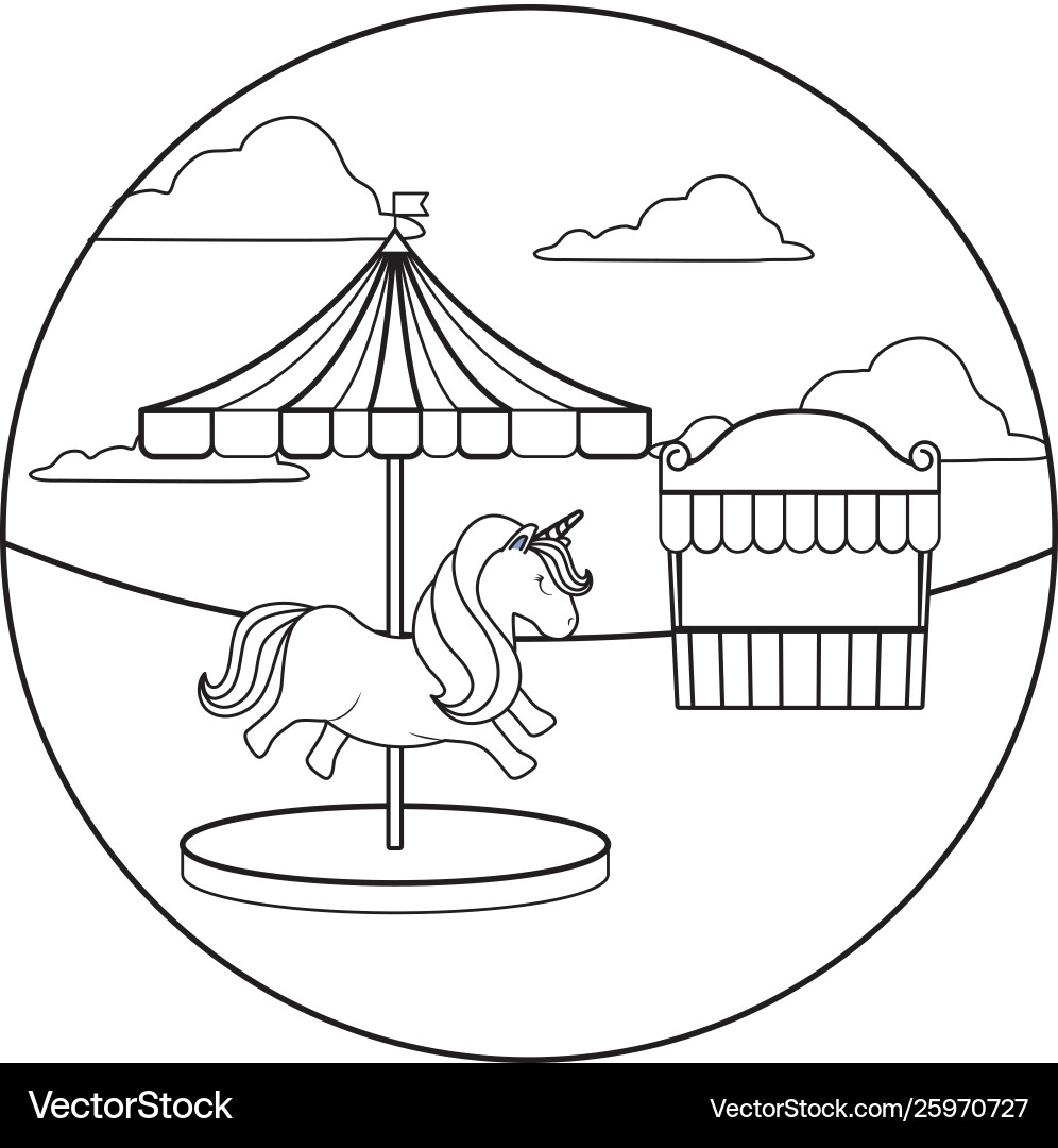 Carousel with unicorn and tent circus in frame Vector Image