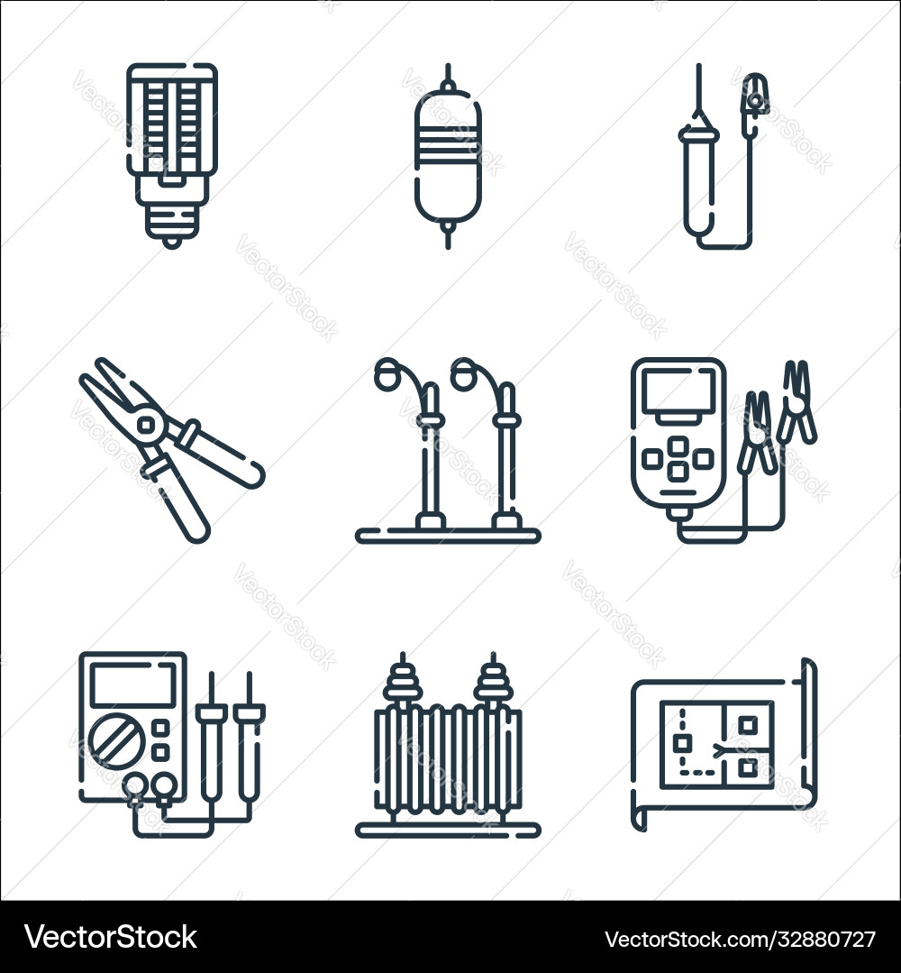 Electrician tools and line icons linear set Electrician tools and line icons linear set vector image