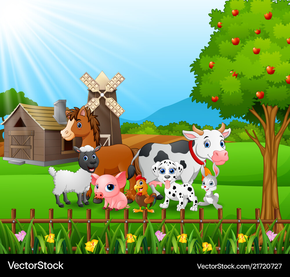 Farm background with happy animals – Royalty-Free Vector | VectorStock, image size:1000x958