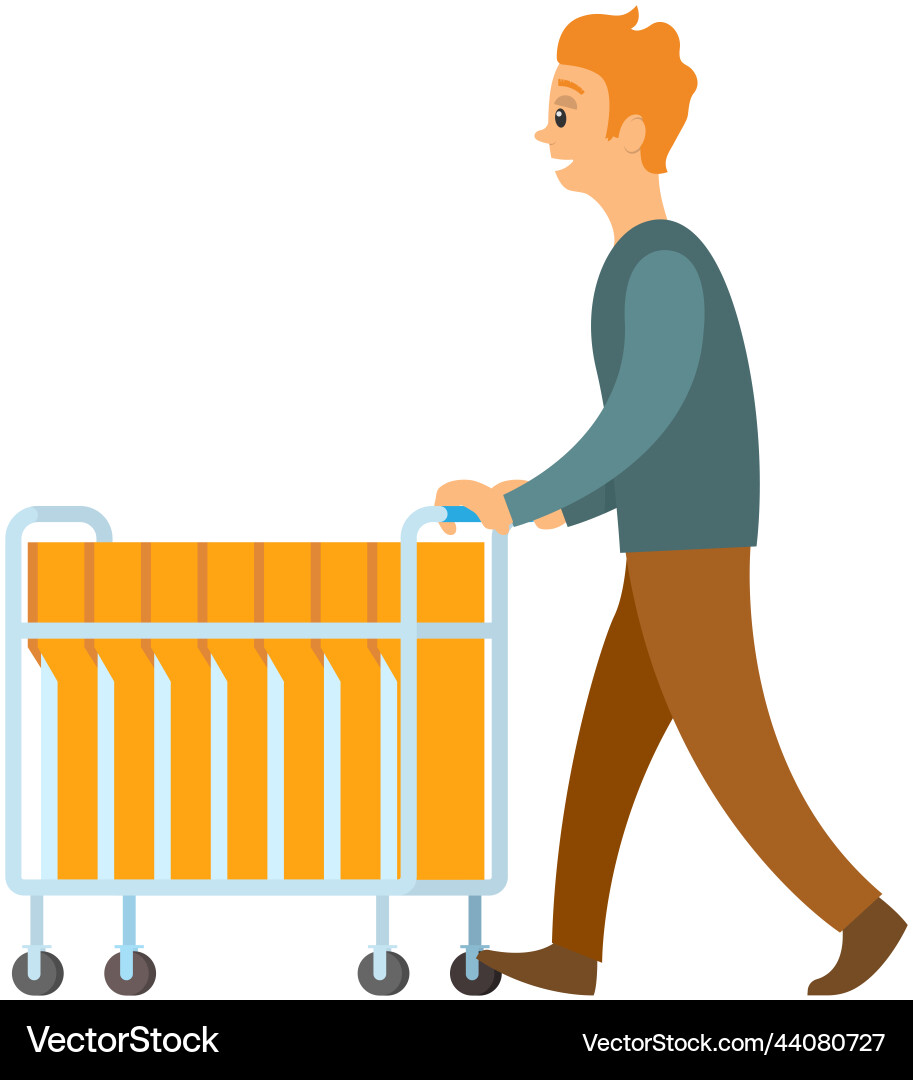Man pushing cart with computer desktop yellow Man pushing cart with computer desktop yellow vector image