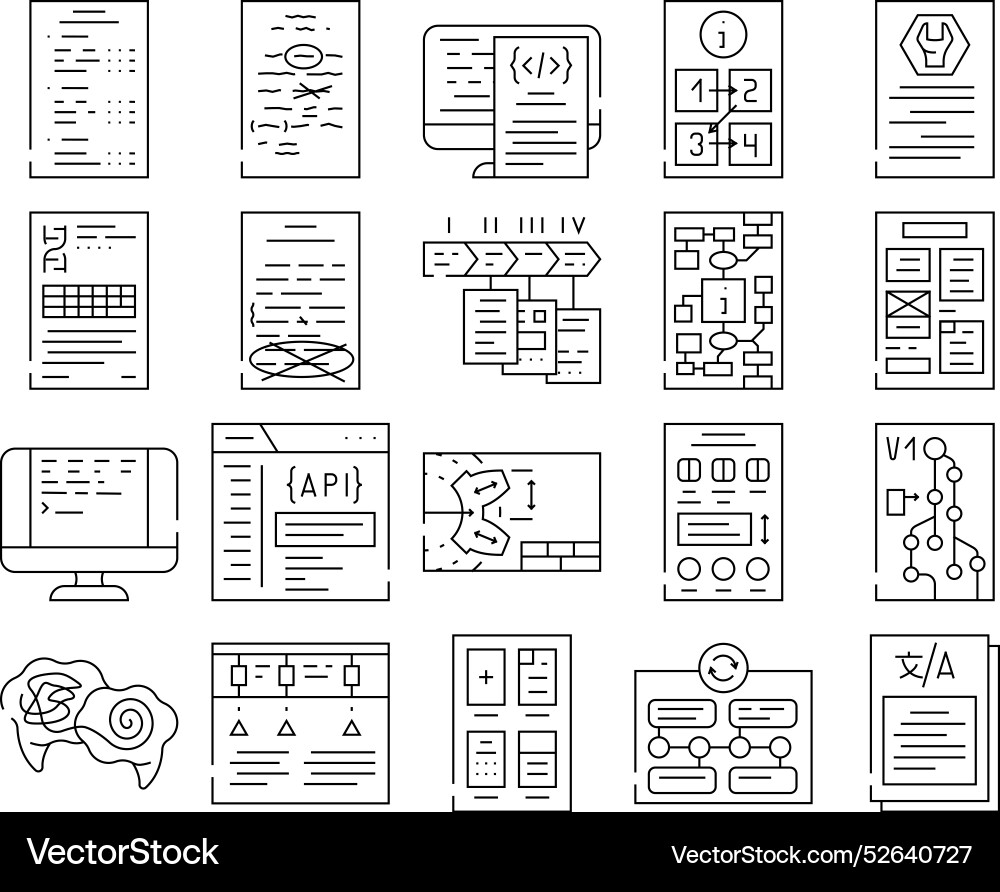 Technical writer document manual icons set Technical writer document manual icons set vector image