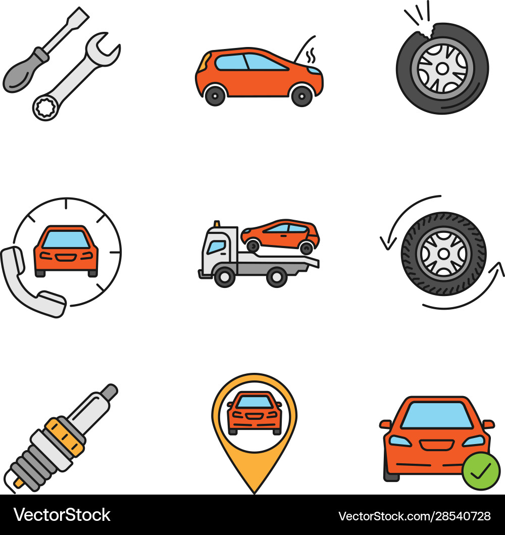 Auto workshop color icons set Vector Image