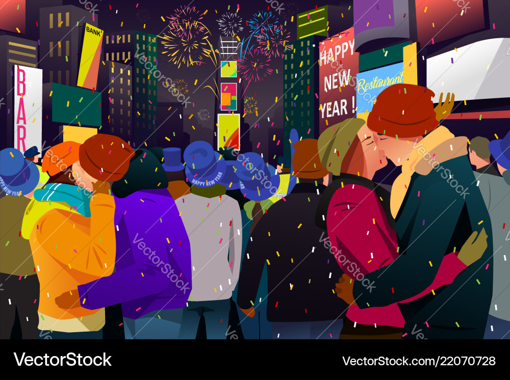 Couples kissing during new year celebration Couples kissing during new year celebration Vector Image