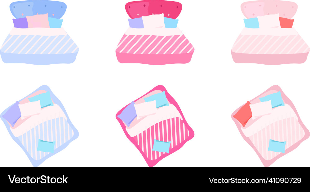 Bed with pillows flat color objects set Vector Image