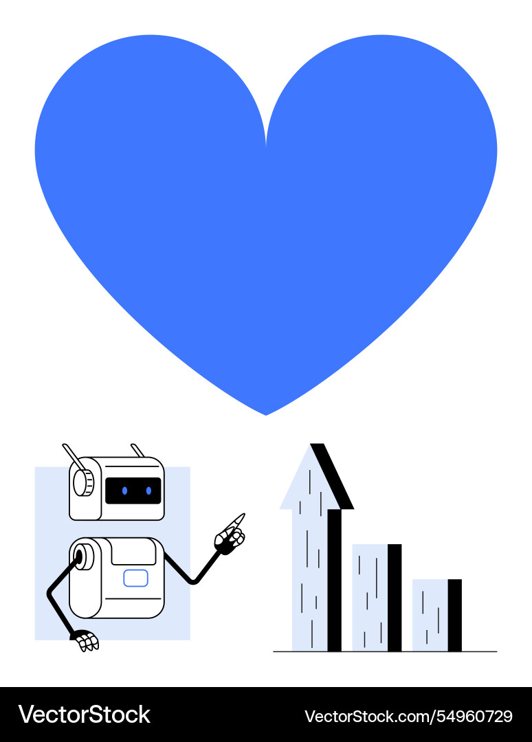 Friendly robot pointing at growth chart with blue Friendly robot pointing at growth chart with blue Vector Image