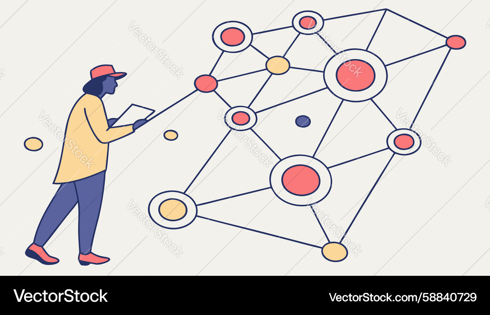 Person interacting with data network nodes art Vector Image