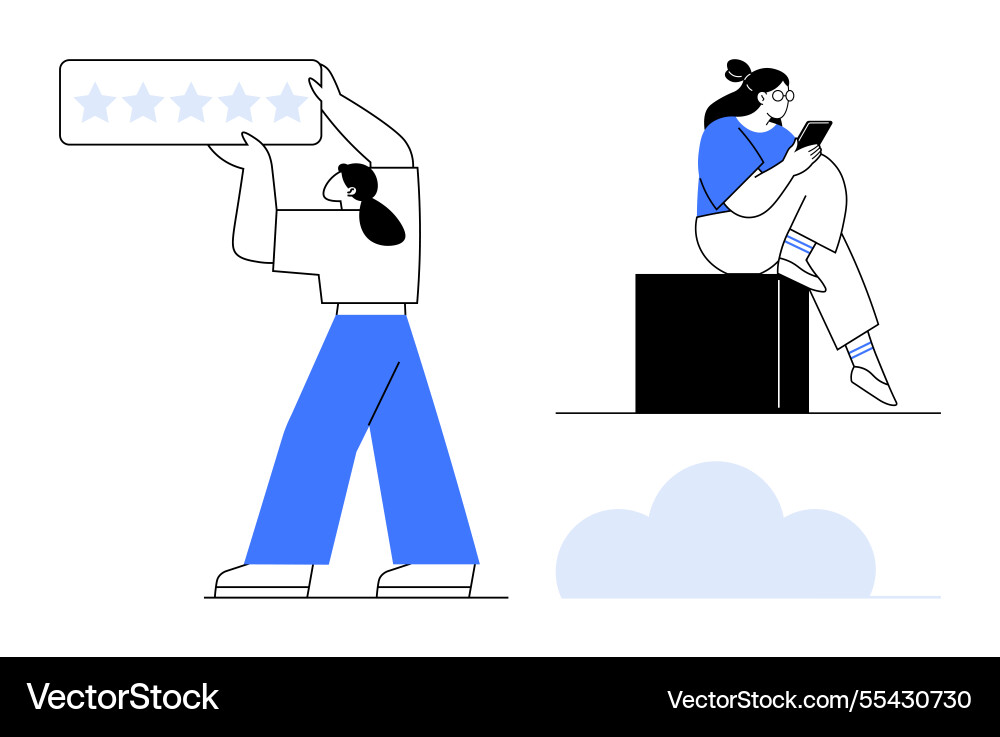 Characters engaging with 5-star rating and reading Vector Image