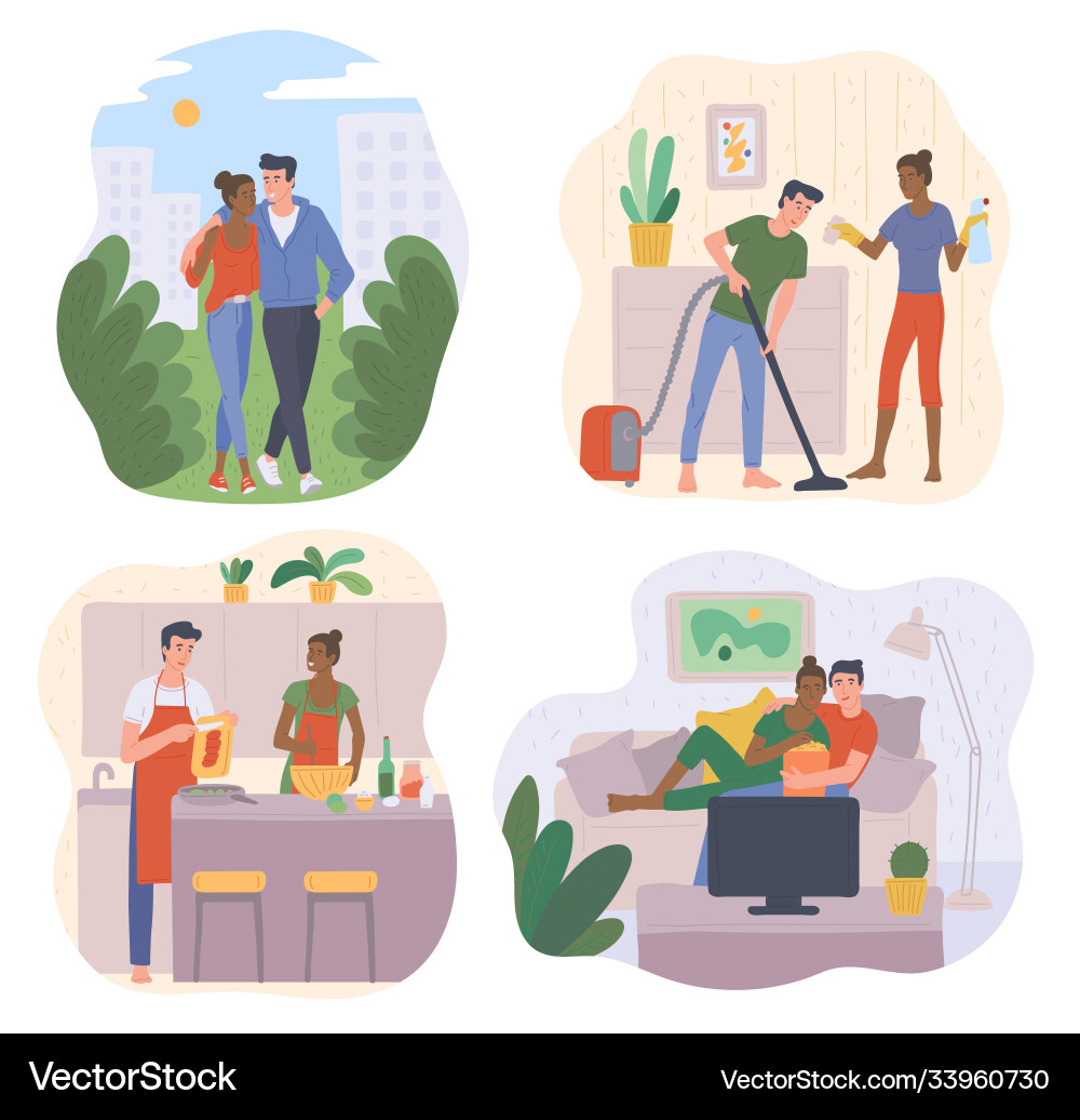 Paar gemeinsames Pastime Set mit Männern und Frauen flach Paar gemeinsames Pastime Set mit Männern und Frauen flach vektorbild