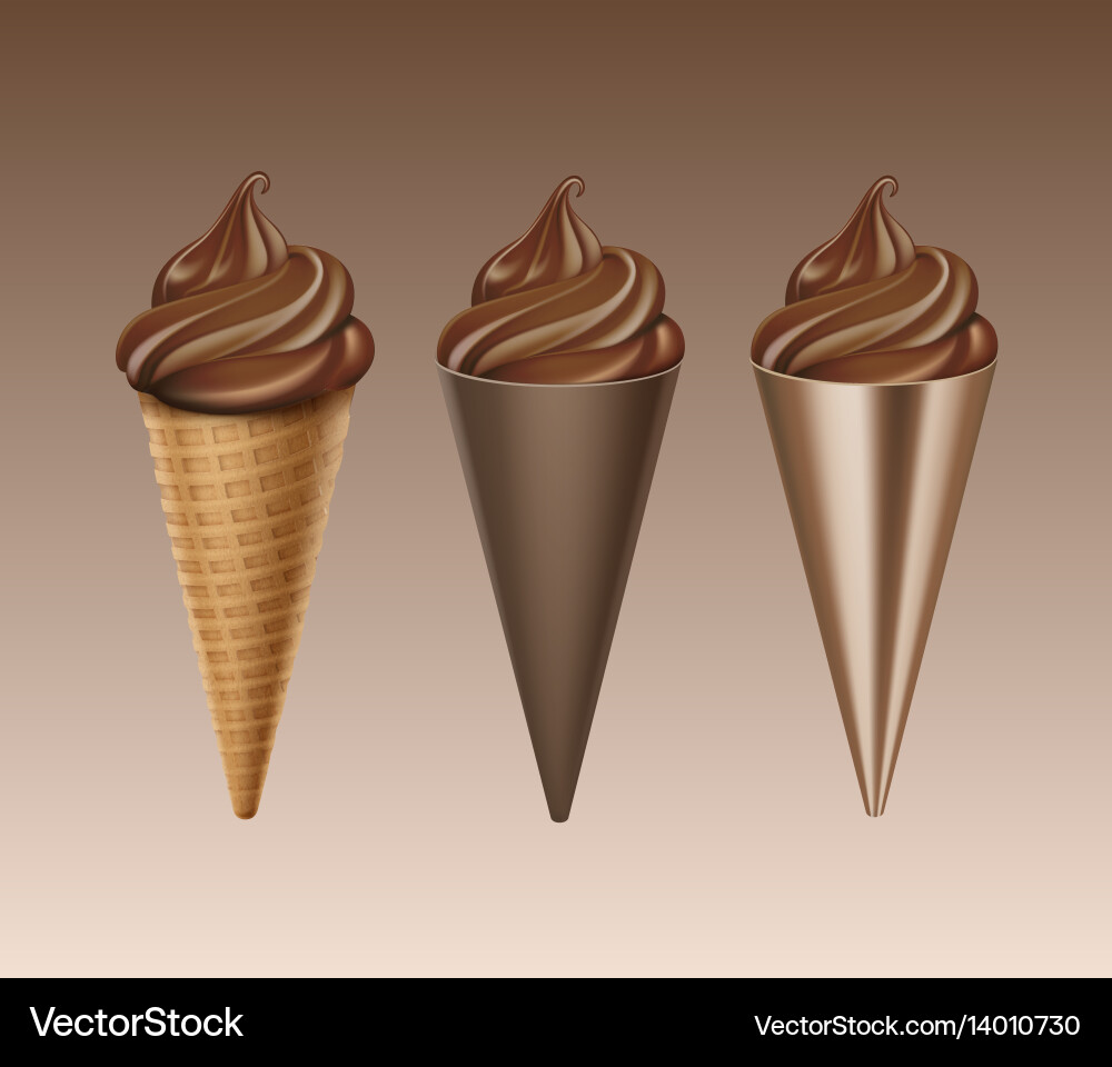 Set of chocolate soft serve ice cream waffle cone Vector Image