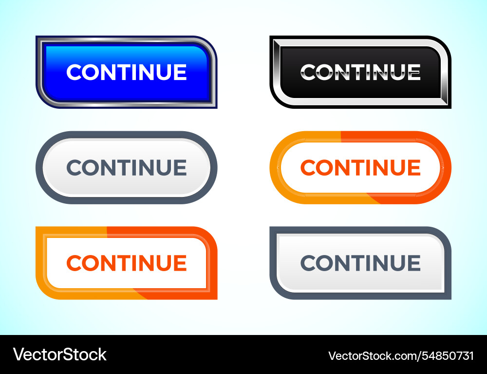 Continue button set of different shapes Continue button set of different shapes Vector Image