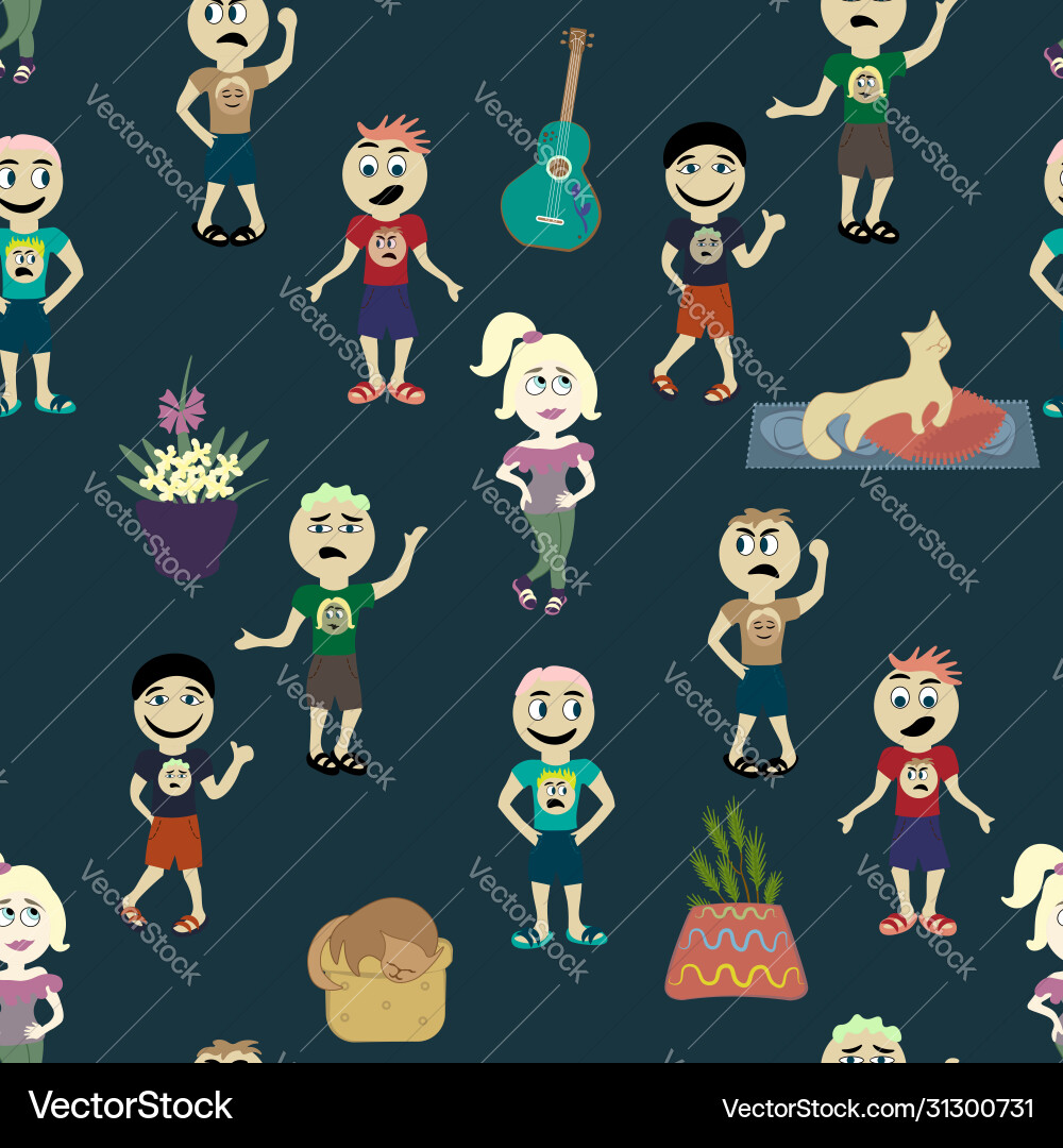 Funny cat characters and seamless pattern items Funny cat characters and seamless pattern items Vector Image