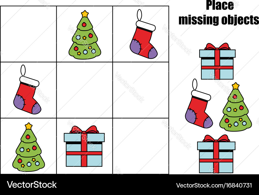 Place missing objects in grid kids activity sheet vector image