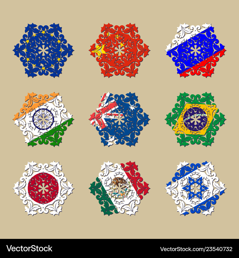 Flags of countries in the form a snowflake Flags of countries in the form a snowflake Vector Image