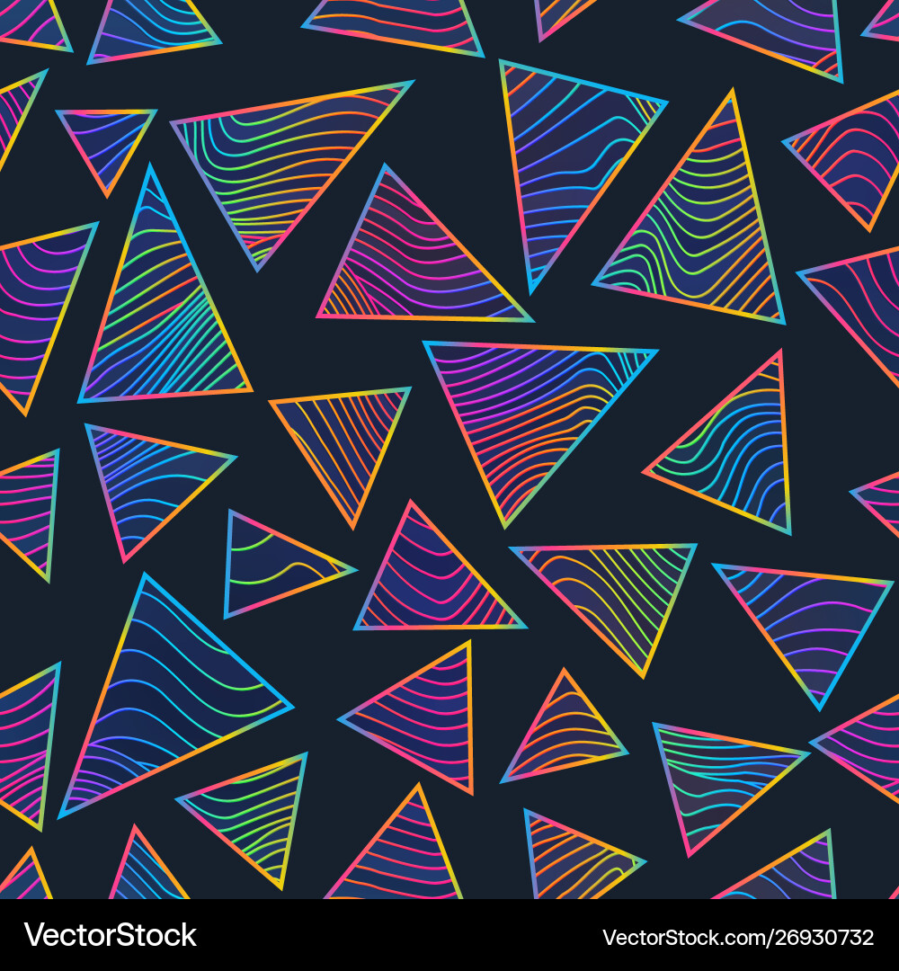 Rainbow triangles with neon lines seamless pattern