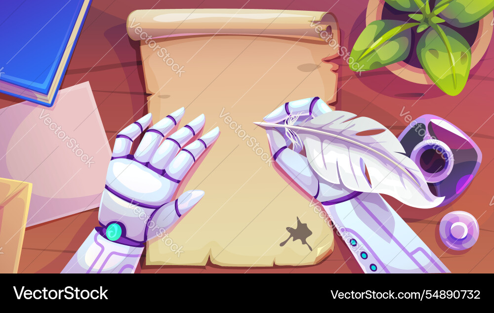 Robot writes poem with feather pen on paper scroll Robot writes poem with feather pen on paper scroll vector image